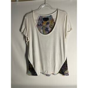 Sachin + Babi Floral Back Lace Trim Pleated Short Sleeve T-shirt Size Large